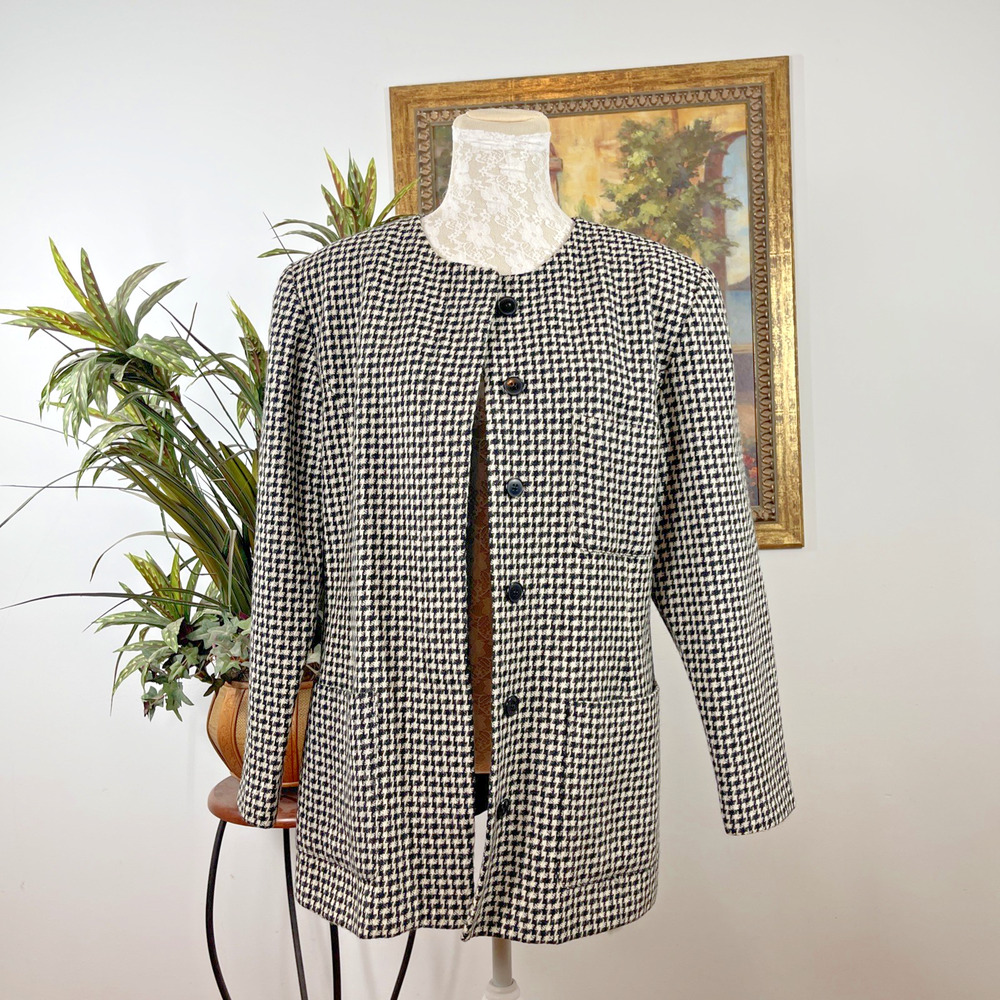Vintage Intuitions Women 12 Black White Houndstooth 100% Wool Jacket USA Made